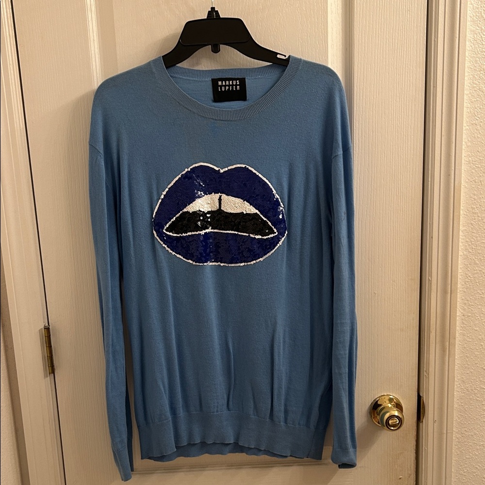 Markus Lupfer Blue Sweater with Sequin Lip Design